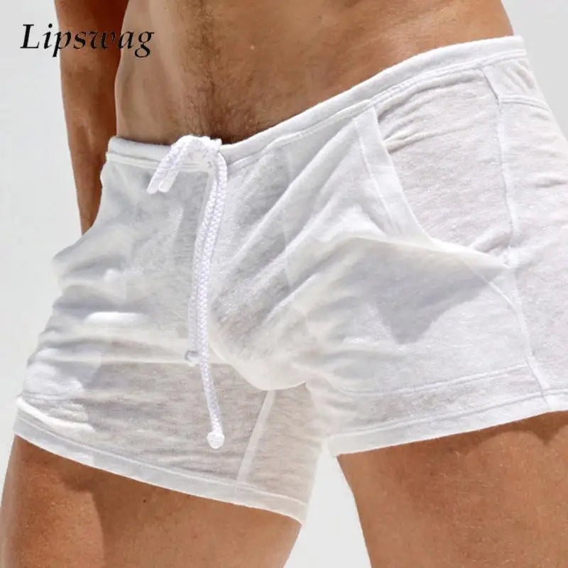 Soft Breathable Pajamas Mens Shorts Summer Sexy Stretch Slim Shorts For Men Casual Pure Color Drawstring Tie-up Shorts Nightwear