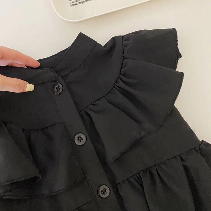 Korean Children's Clothing Girls' Summer Dress Kids Black Fly Sleeved Dress Girls Fashion Kids Outfit Layered Dresses For Girls