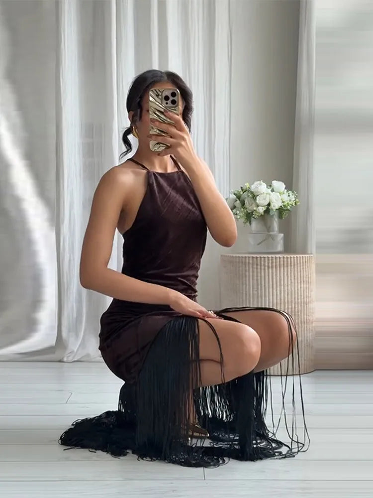 Sexy Velvet Tassels Long Dress Women Halter Sleeveless Hollow Out Backless Vestidos Female Chic Party Evening Robe 2026