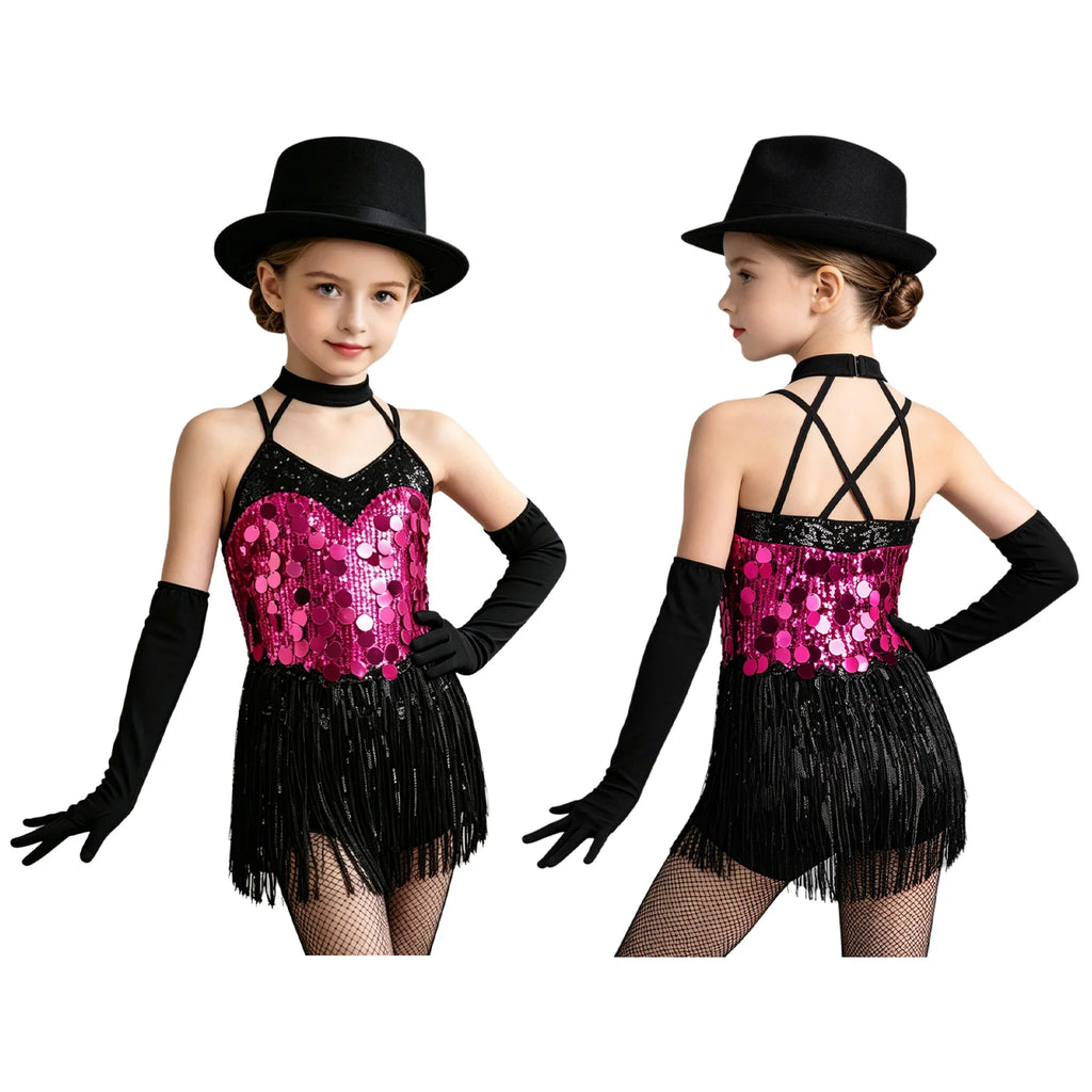 Kids Girls Latin Dance Dress Halter Sleeveless Shiny Sequins Fringed Leotard with Gloves Tango Samba Salsa Ballroom Dancewear