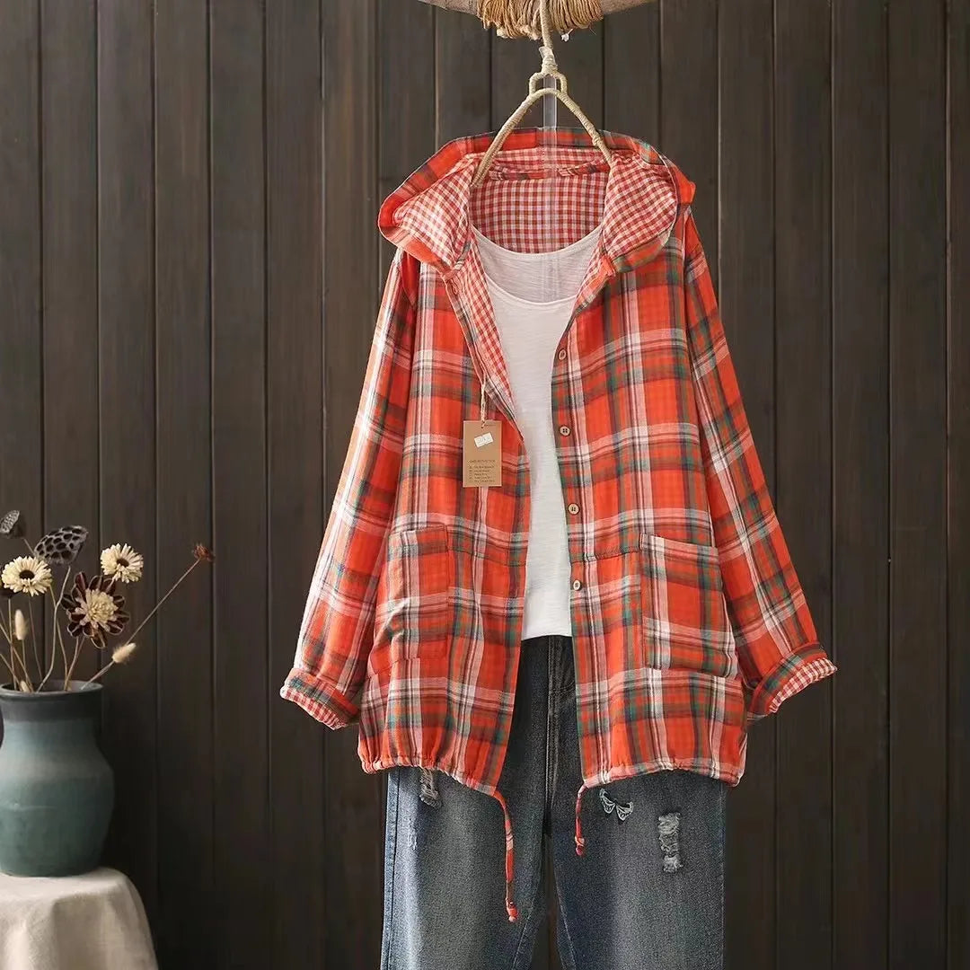 New Summer Long Sleeve Anti-sunburn Coat, Hooded Vintage Plaid Shirt Coat for Women, Elegant Fashion 2024 Autumn Top C47671QM