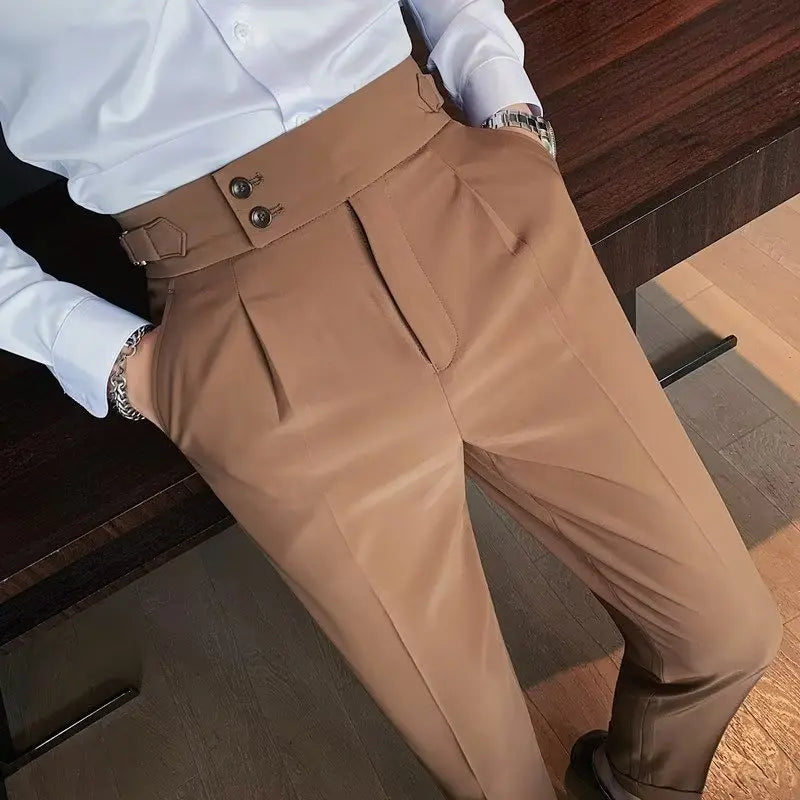 New 2026 Men's Solid Color Suit Trousers Classic Button Single Pleat Slims Pants for Men Silhouette Business Casual Pants Male