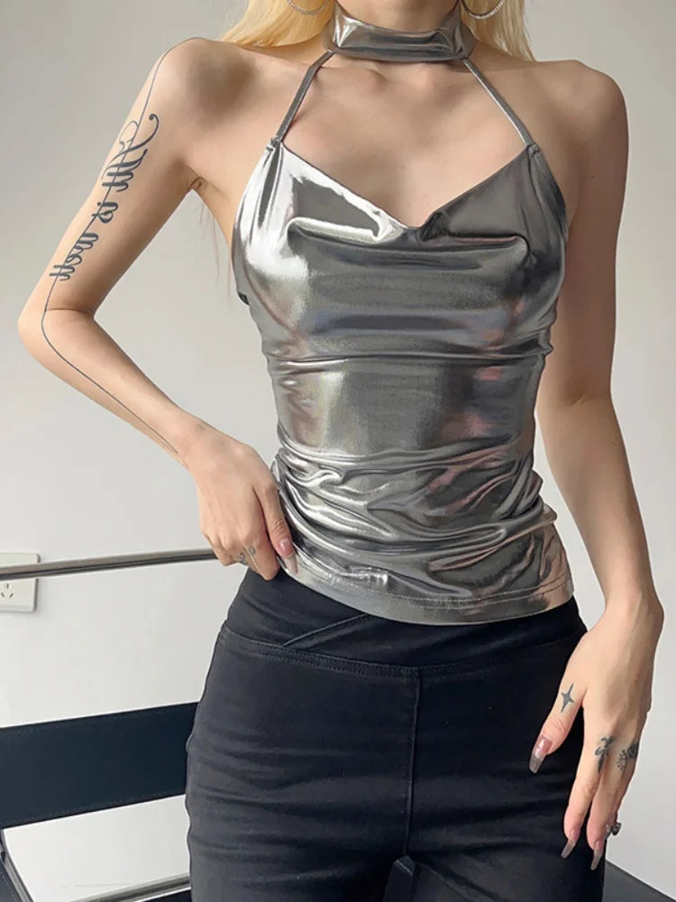 Silver Hanging Neck Summer Crop Tops For Women Clothing Backless Y2k Accessories Sleeveless Ropa De Mujer Slim Sexy Streetwear