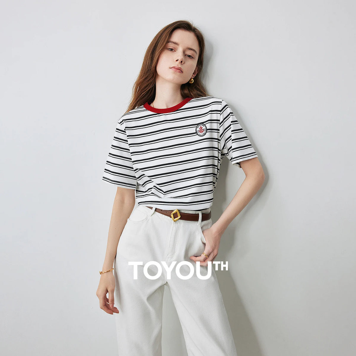 TOYOUTH Women T Shirts 2026 Summer New Striped Short Sleeve Age Reducing College Style Crew Neck Tops