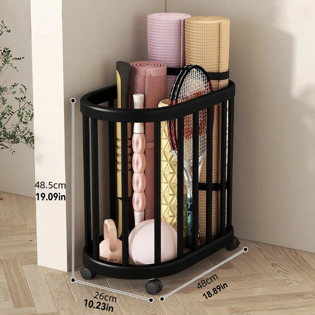 Multifunctional Wheeled Metal Sports Equipment Storage Rack - Modern Sports Equipment/Yoga Mat, Yoga Ball/Basketball, Soccer Ball, Volleyball/Badminton Racket Storage Rack, with Mesh Basket - Ideal Storage Solution for Home G