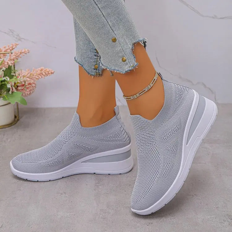 Women's Breathable Mesh Wedge Sneakers Slip-On High Heels Walking Shoes Non-Slip Comfortable for Casual Daily Wear