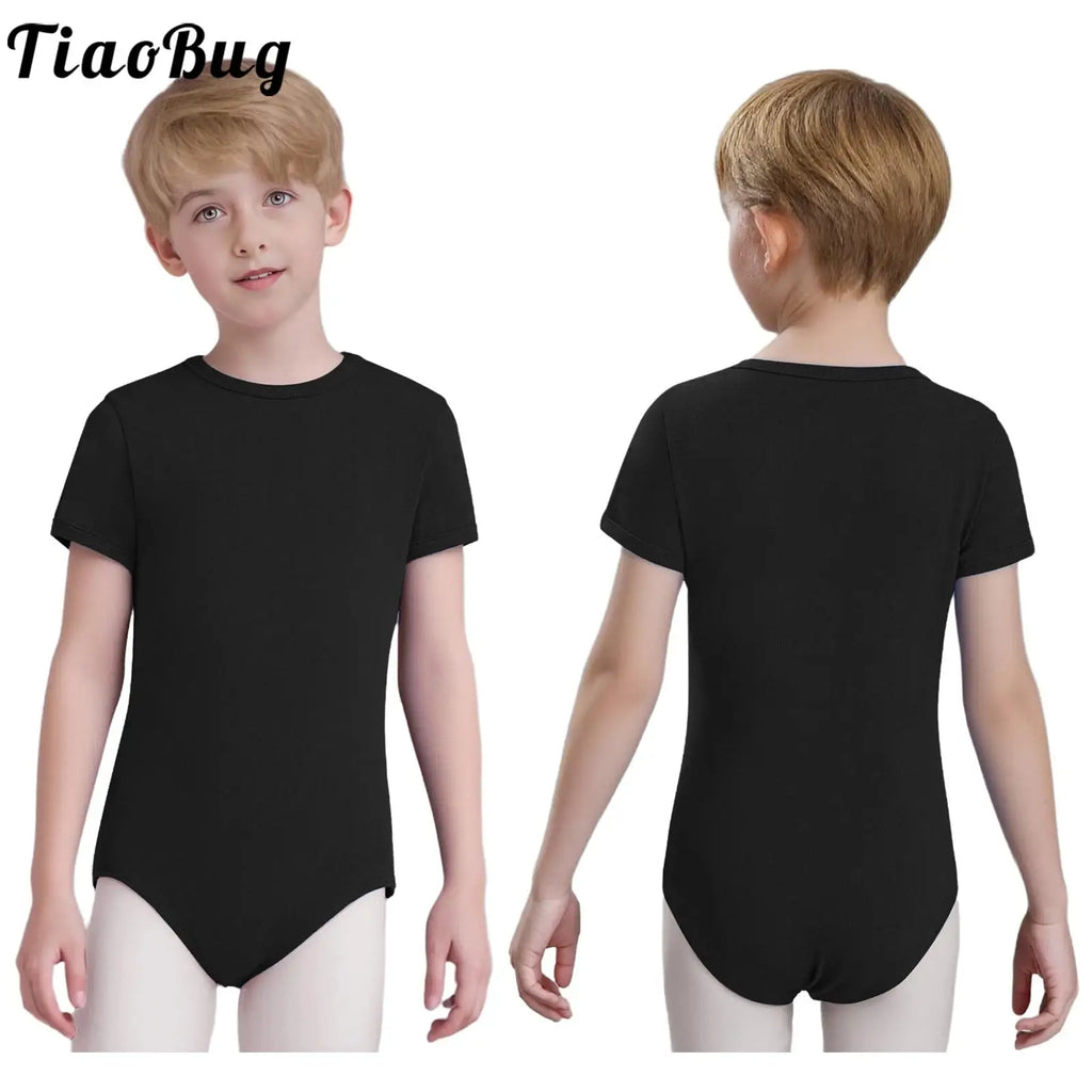 Kids Boys Ballet Gymnastic Dance Costume Jumpsuits Yoga Sports Dancewear Solid Color Short Sleeve Press Buttons Crotch Leotards