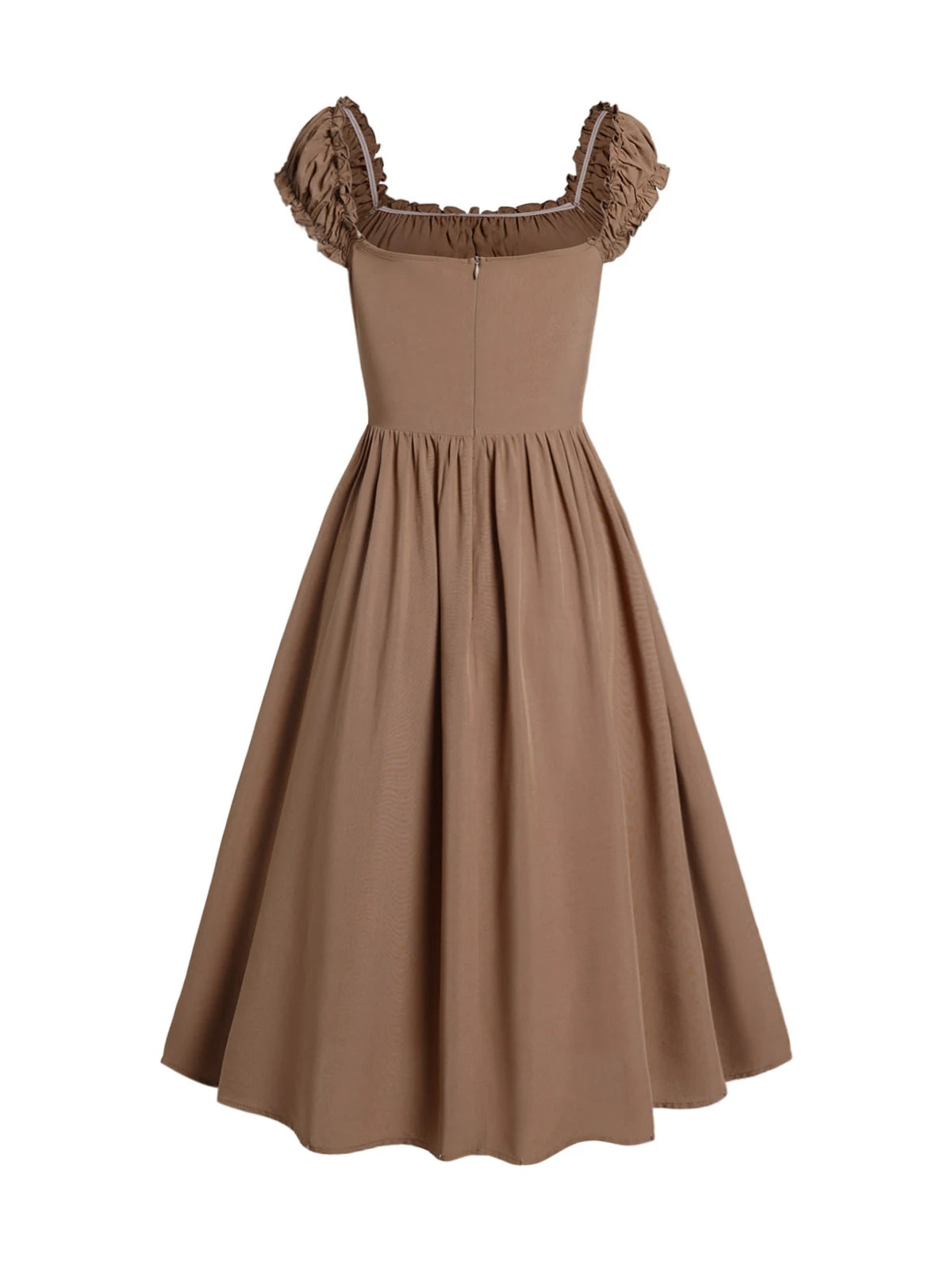 Dressfo 2024 New Womens Lace Up Vintage Midi Dress Square Neck Ruched Ruffles Cap Sleeve High Waist Dress Summer Dresses