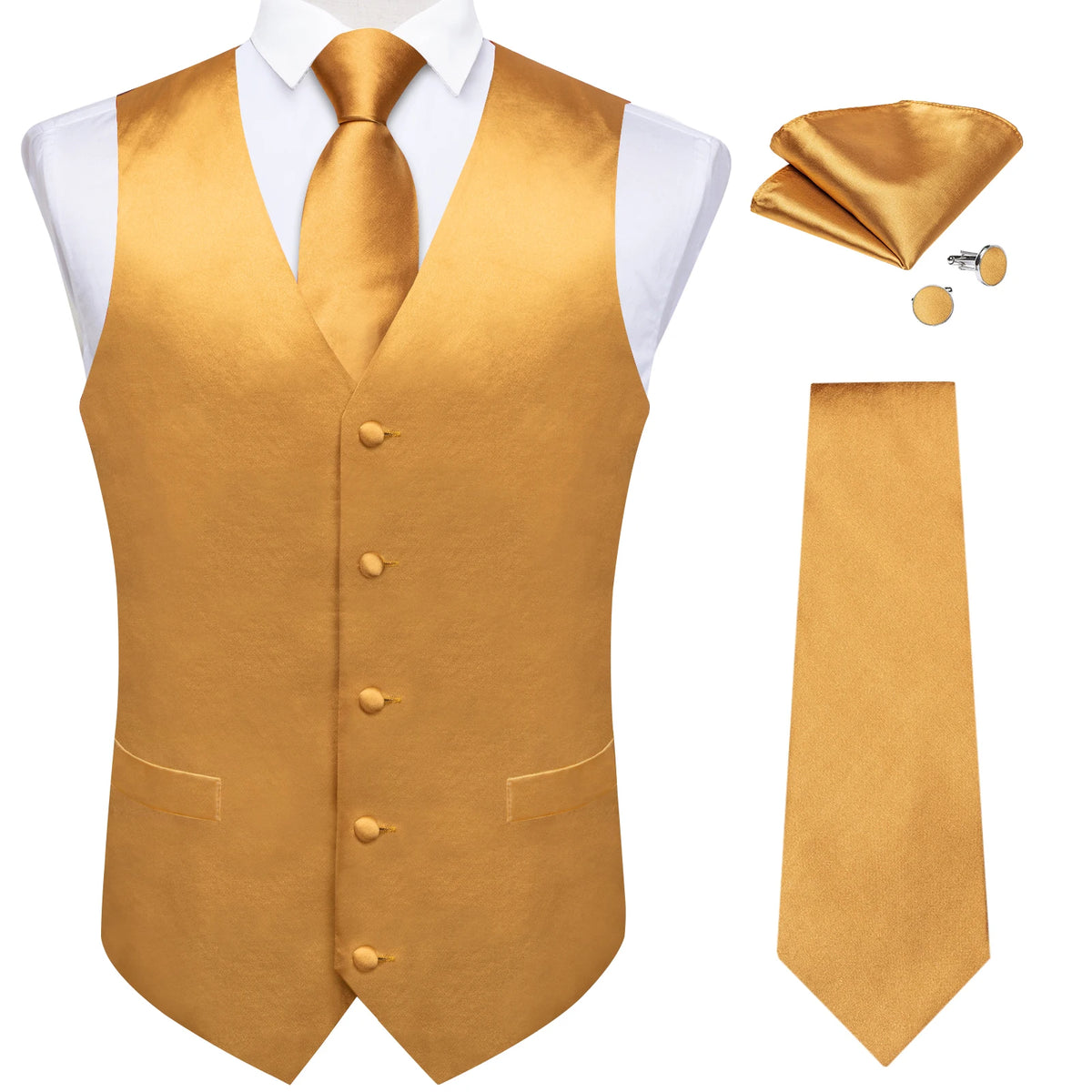Luxury Paisley Gold Vest for Man Formal Yellow Solid Men's Waistcoat Necktie Pocket Square Wedding Business Chaleco Hombre