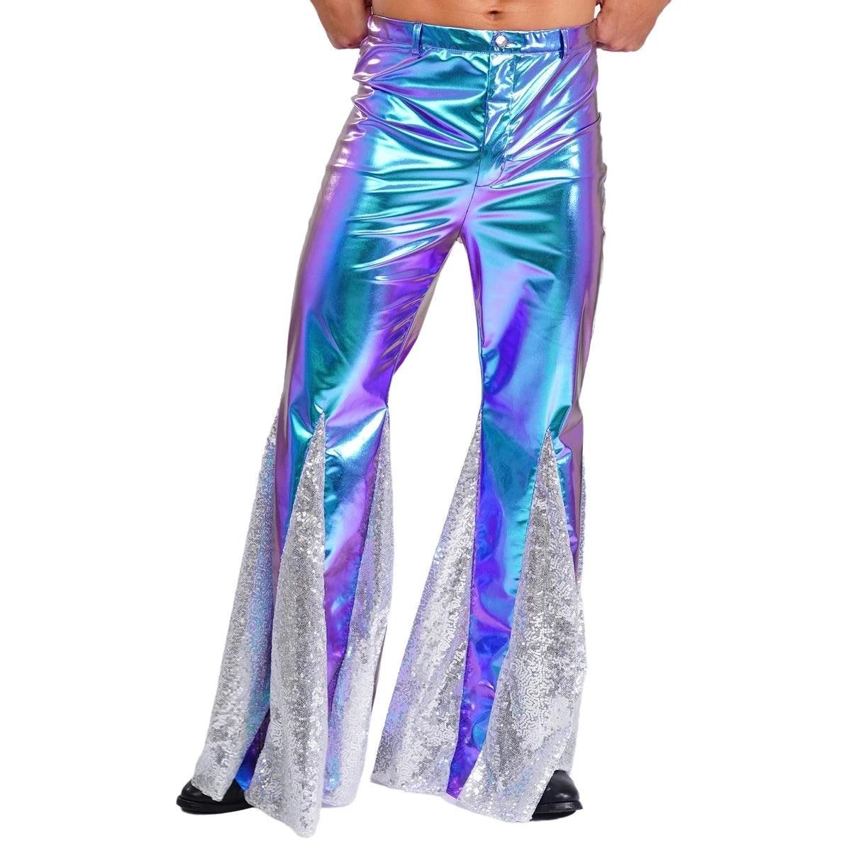 Mens Shiny Metallic 70s Disco Flared Pants Hippie Vintage Hip Hop Carnival Performance Costume Sequins Bell Bottoms Trousers
