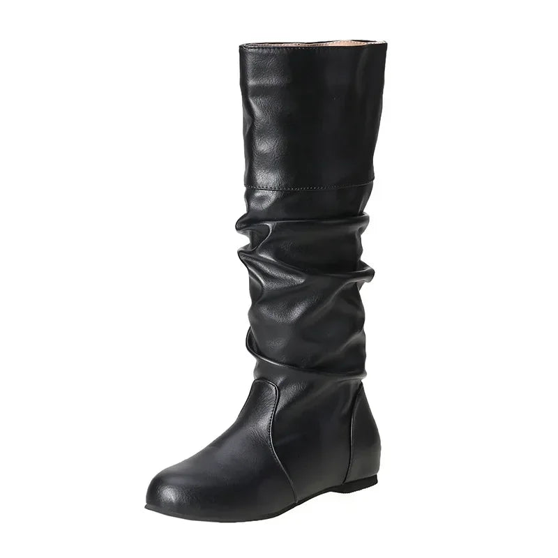 Women Leather Boots Fashion Pleated Wedge Long Boots Round Toe Autumn Winter Solid Slip On Shoes Ladies High Boot Botas De Mujer