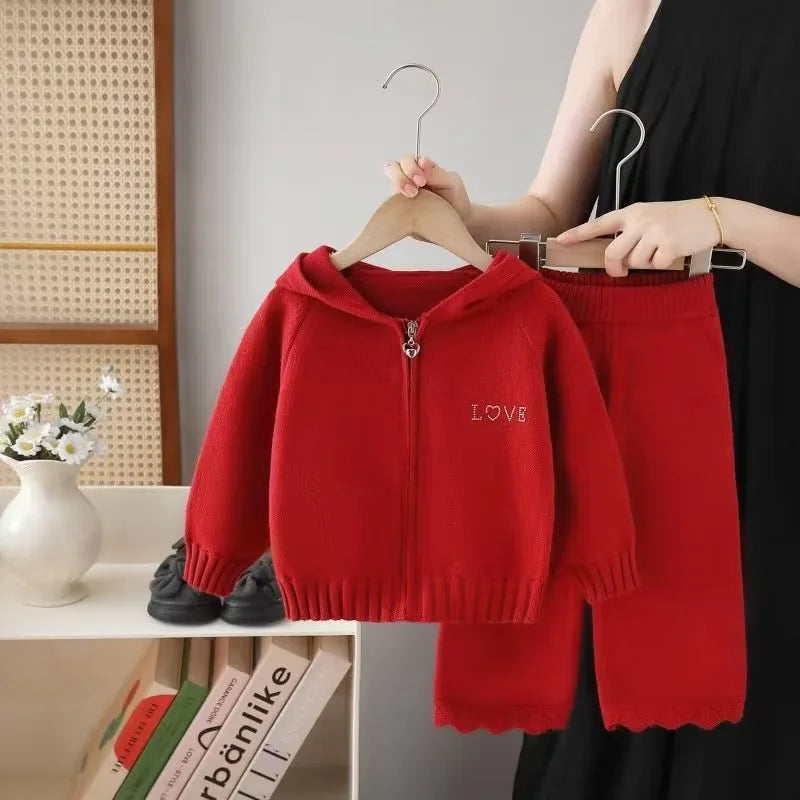 Girls Knitted Sweater Set Spring Fall 2026 New Kids Hooded Pullover Pants 2 Piece Set Little Girls Casual Warm Outfit