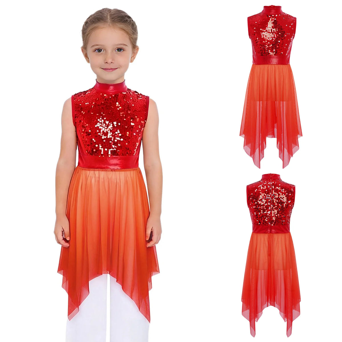 Kids Girls Modern Lyrical Dance Dress Liturgical Worship Praise Church Choir Robe Shiny Sequins Bodice Sheer Mesh Tunic Dresses