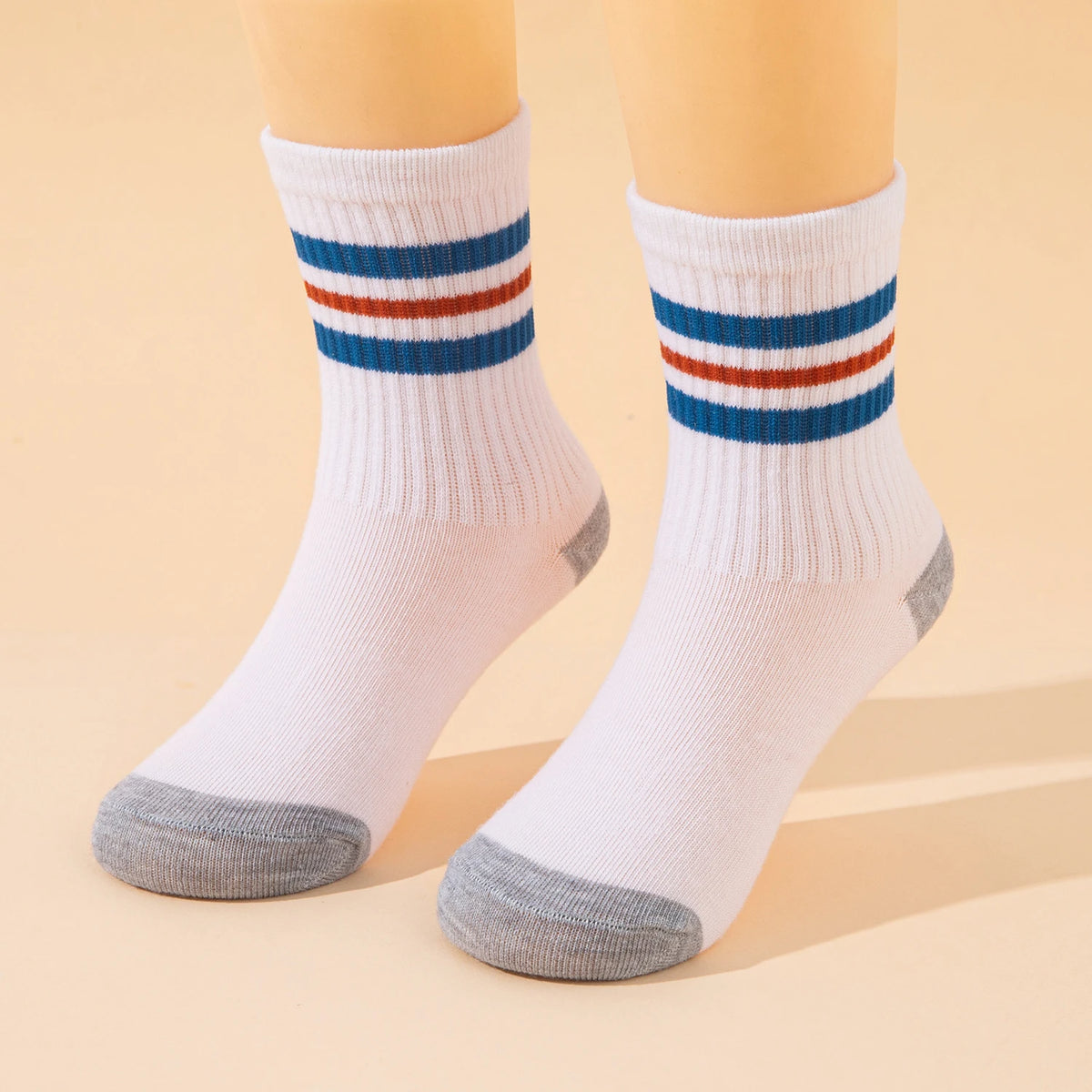 10 Pairs Kids' Sports Mid-Calf Socks, Classic Striped and Color-Blocked Design, Suitable for Students to Wear Back to School