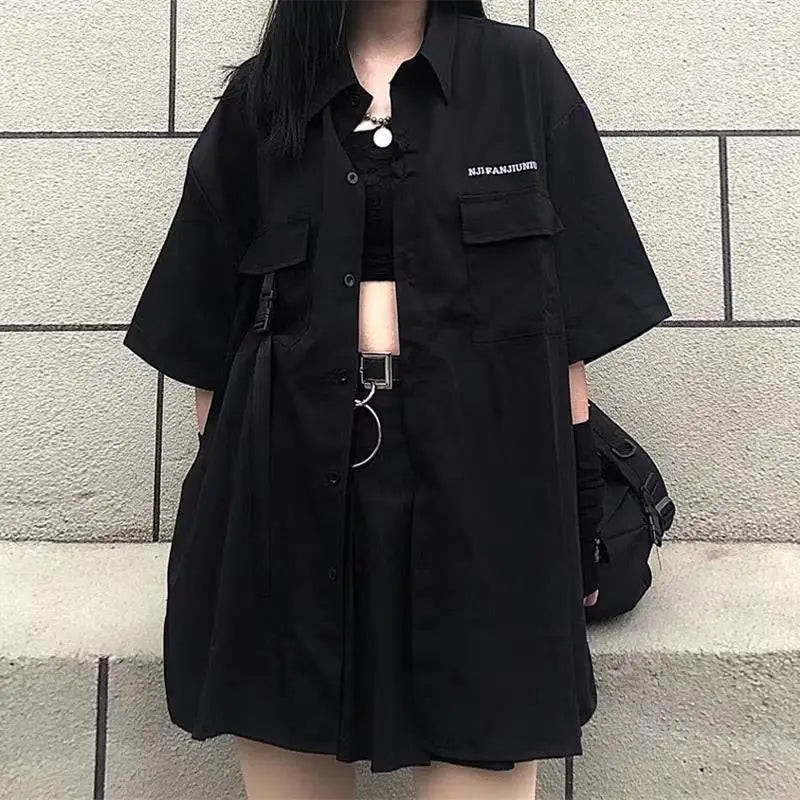 Shirts Women Vintage Letter Embroidery Button-up Female Half Sleeve Baggy Tops Summer Pockets Lace-up All-match Retro Solid