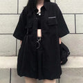 Shirts Women Vintage Letter Embroidery Button-up Female Half Sleeve Baggy Tops Summer Pockets Lace-up All-match Retro Solid