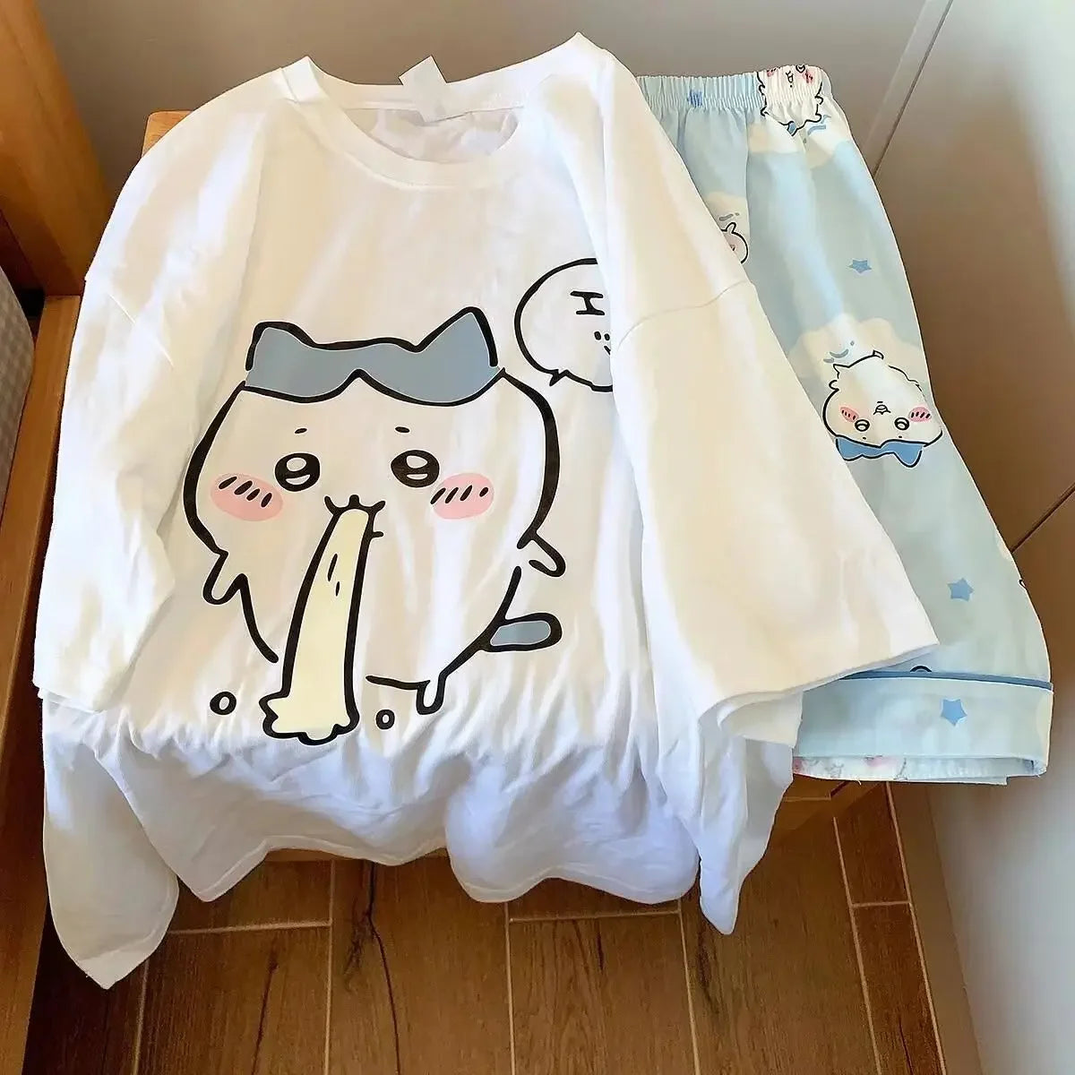 yiji Pajamas Girls Summer Thin Round Neck Short Sleeve Shorts Home Clothes Set ハチワレ Hachiware うさぎ USAG Cute Pajamas