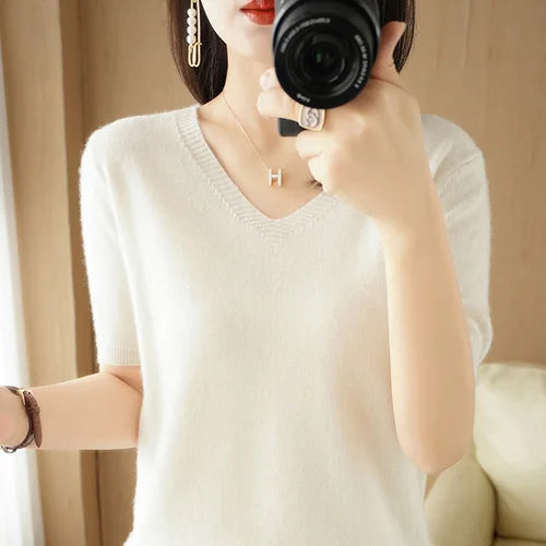 Women Sweater Casual Short Sleeve Pulls 2025 Spring Summer V-neck Knitwears Korean Fashion Shirts Tops Pullovers Soft Jumpers