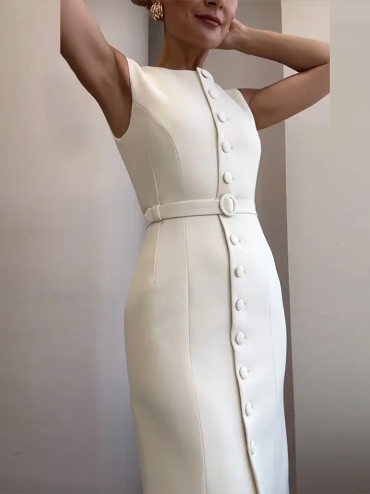 Women Long Dress Summer Casual Simple Solid Sleeveless Round Neck Single Breasted Dresses Nipped Waist Lace Up Robe Office
