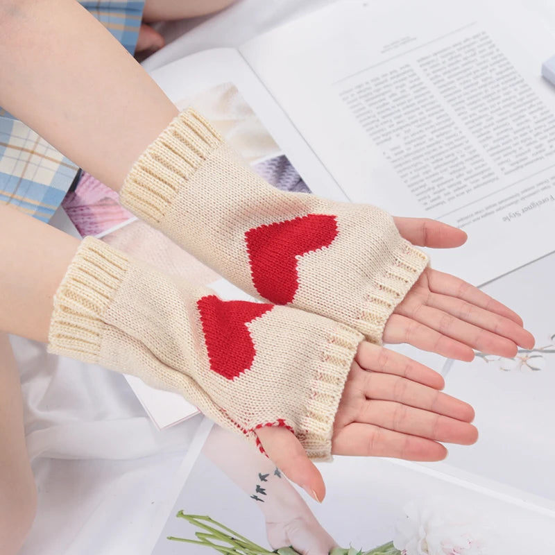 Women Gloves Stylish Hand Warmer Winter Glove Girls Arm Crochet Knitting Goth Lolita Heart Mitten Warm Fingerless Cosplay Gloves