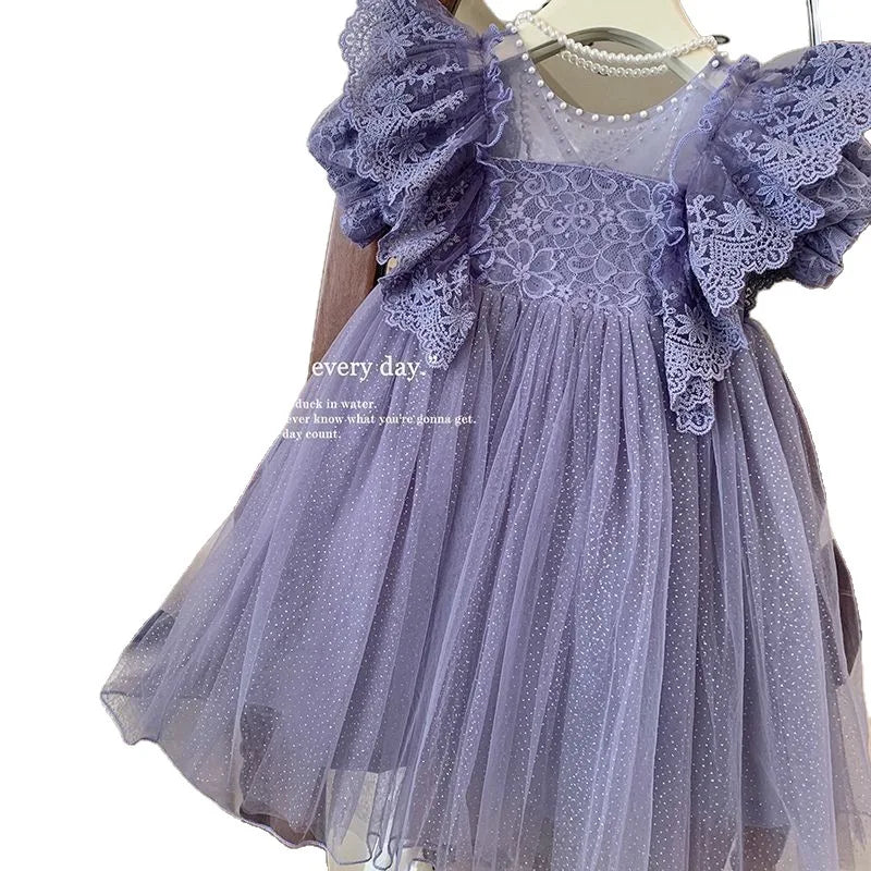 Kids Princess Dress 2-12Y Summer Lace Tulle Formal Gown Girls Elegant Birthday Party Vestidos New Children Sweet Clothing