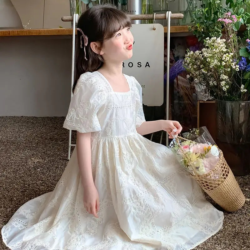 Kids Dresses Teenage White Wedding Party Lace Girl Dress Puff Sleeve Children Carnival Spring Autumn 4 6 7 9 10 12 Years Clothes