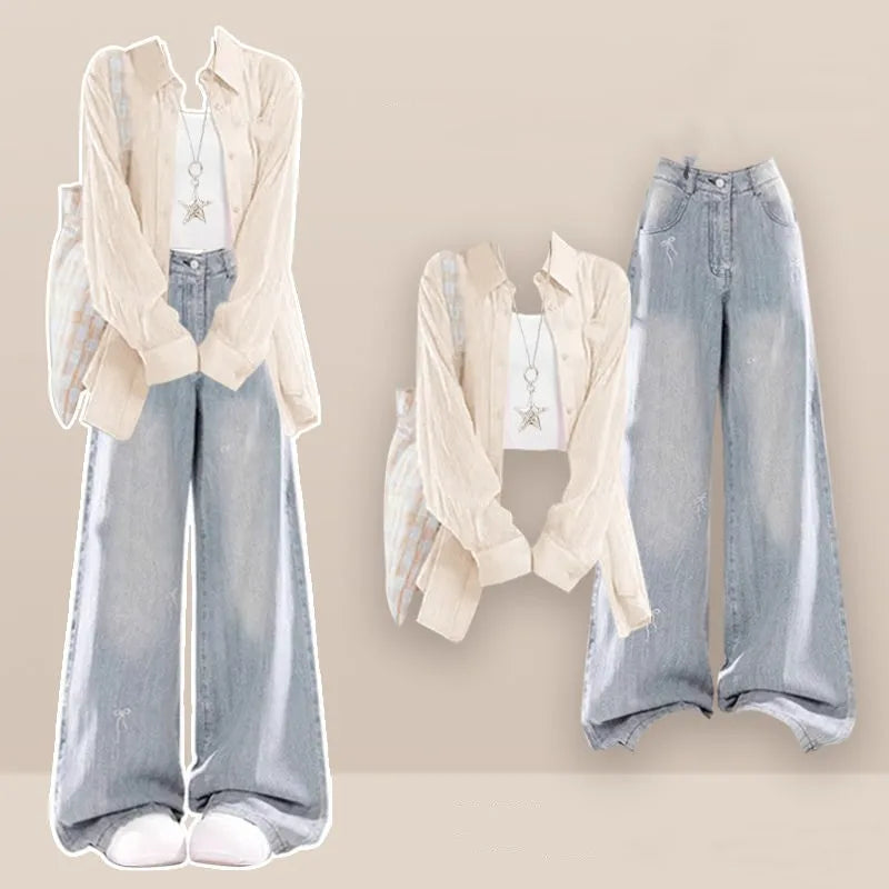 2026 Summer New Korean Elegant Denim Pants Matching Set Women's Fashion Sunscreen Shirt+Strap+Loose Wide Leg Jeans 3-Piece Suit