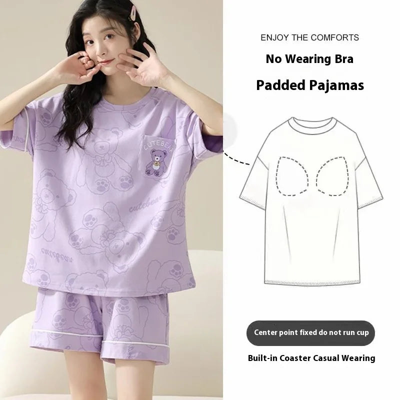 Pajamas Female Summer Short-Sleeved Set of Sweet with Chest Cushion Korean Version of the Cartoon Students Homewear Sleepwear
