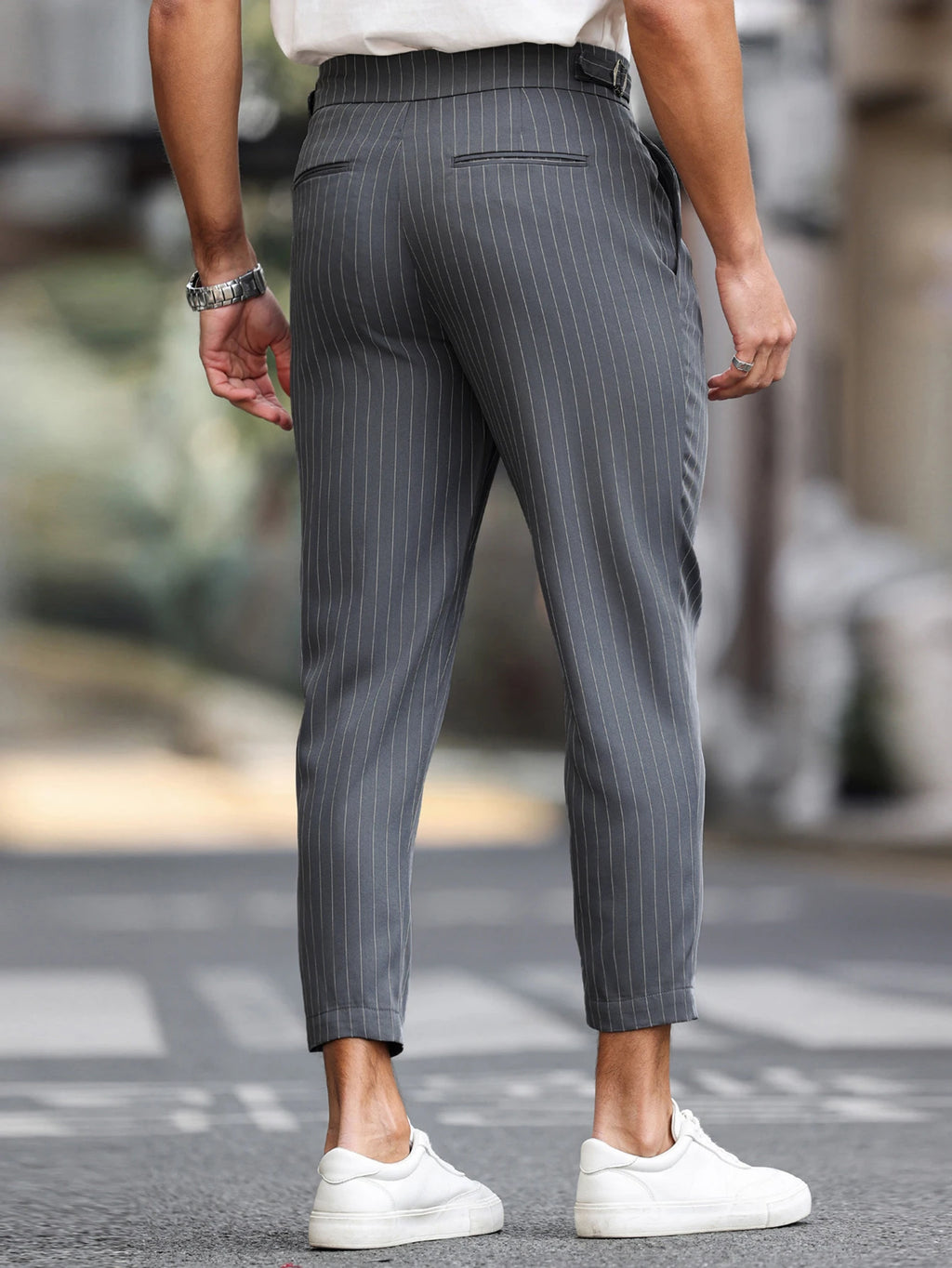 Men's Casual Vertical Striped Tapered Cropped Pants Gurkha High Waist Stretch Slim Fit Business Grey Navy Green Trousers