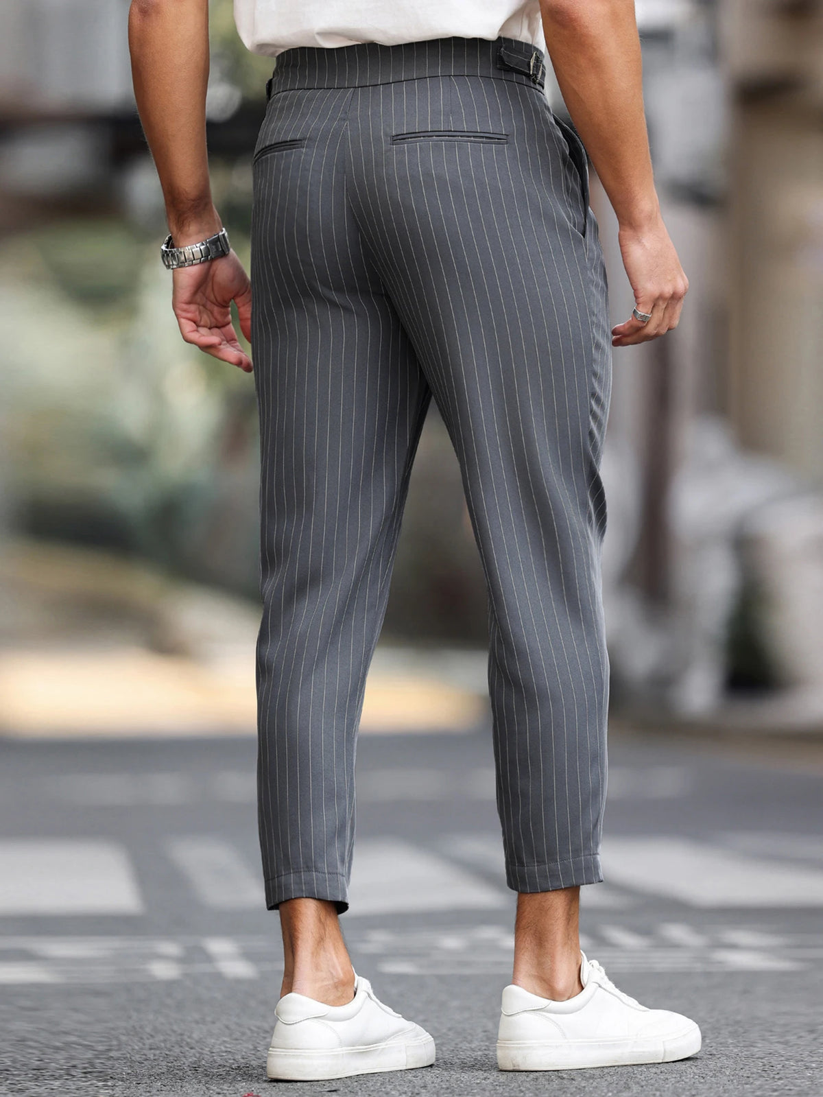 Men's Casual Vertical Striped Tapered Cropped Pants Gurkha High Waist Stretch Slim Fit Business Grey Navy Green Trousers