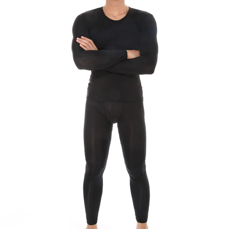 Men's Sexy Transparent Underwear Arrangement Sheer Ultra-Thin Seamless Warm Long Johns Ice Silk Comfortable Long Pajama Set