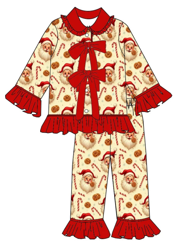 Hot Sale Boutique Children's Set Long Sleeve Elastic Bow Girls and Boys Long Sleeve Pajamas Set Candy Biscuit Print Children Set