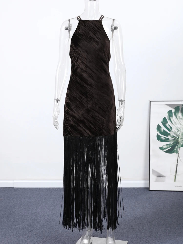 Sexy Velvet Tassels Long Dress Women Halter Sleeveless Hollow Out Backless Vestidos Female Chic Party Evening Robe 2026