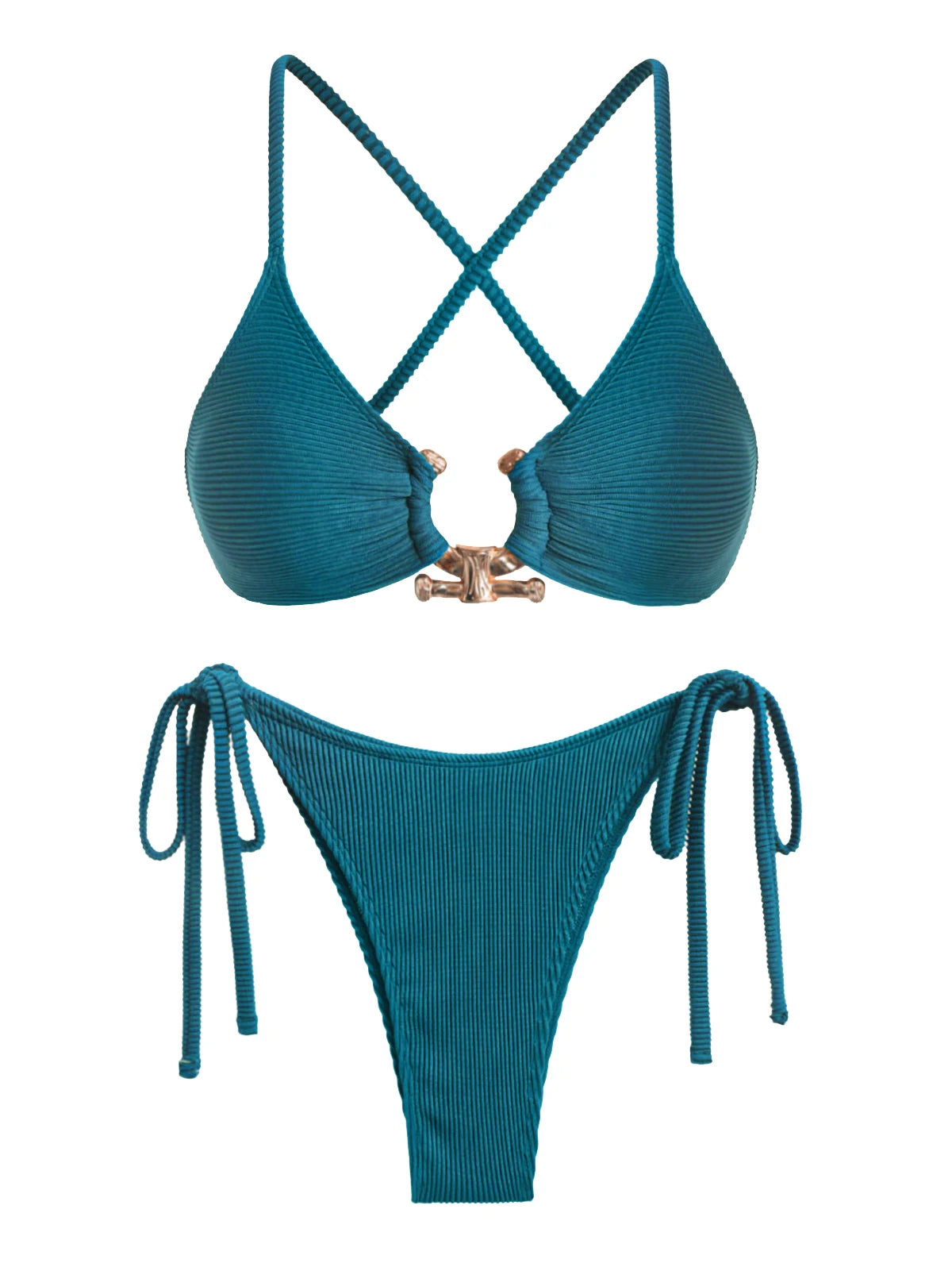 Women's Metal Ring Decor Textured Criss Cross Back Tied Side Tanga Bikini Set Two Piece Swimwear - Deep Green L