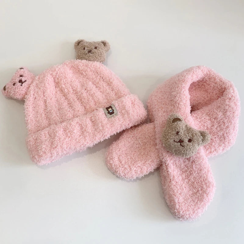 Baby Hat Scarf For Girls Boys Winter Warm Set Cartoon Bear Cold-proof Clothing For Kids Children Stuff Brimless Cap Scarf