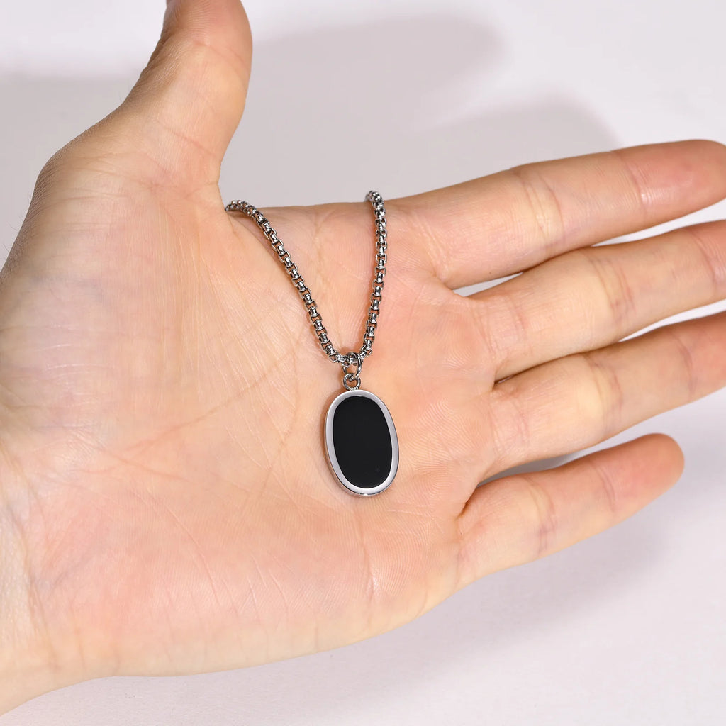 Men Necklace, Oval Round Pendant, Stainless Steel Minimalist Black Pendants.French Style Vintage Men Jewelry