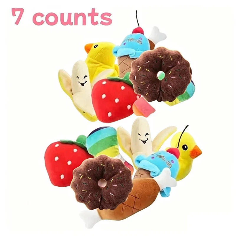 A 7-piece set of puppy sound toys, loose plush pet chewing, plush fruit snacks and vegetable puppy toys, suitable for pet play