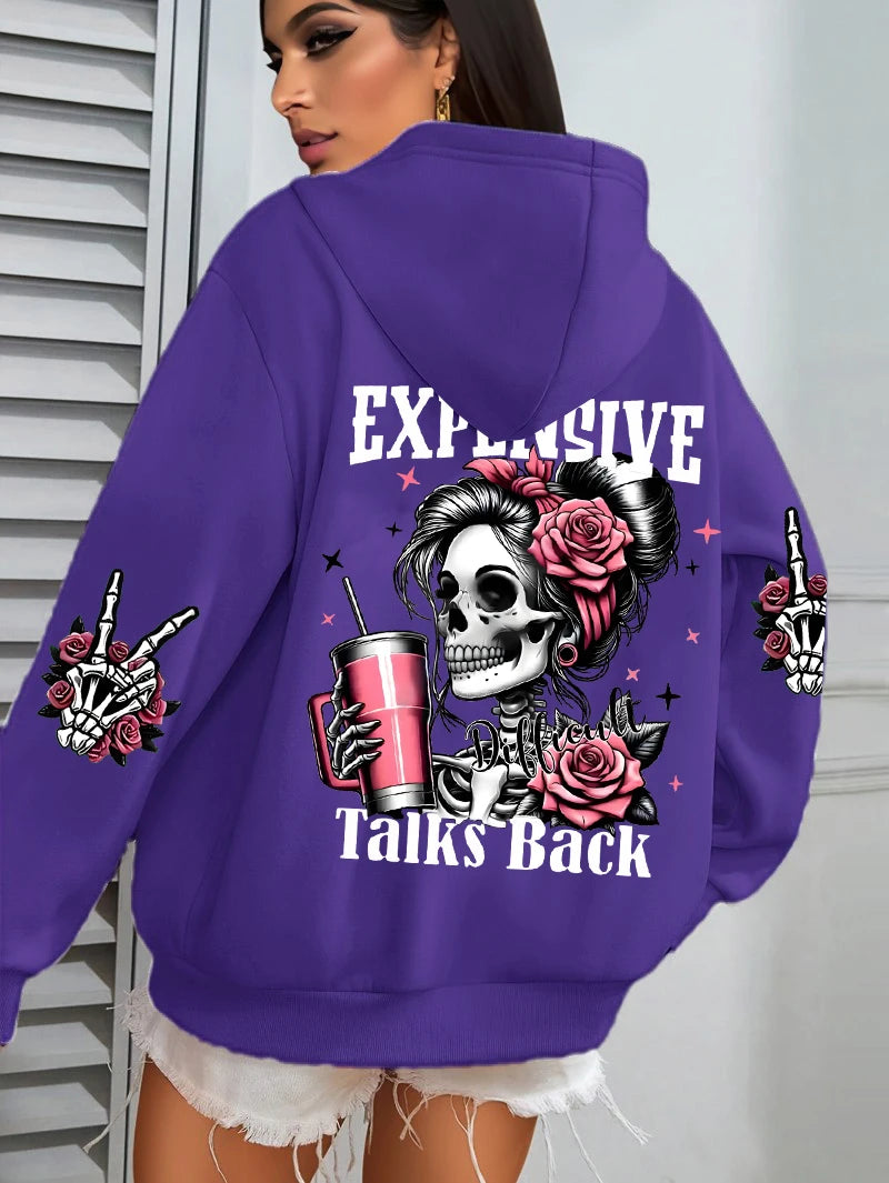 Expensive Talks Back Funny Printing Womens Plus Size Hoodie Multicolor Pullovers Fleece Autumn Sportswear Casual Pocket Hoody