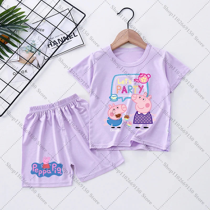 Children Anime Cute Pajama Set Cartoon Peppa Pigs Casual Pajamas Summer Clothing Nightwear Homewear Short Sleeve Loungewear Gift