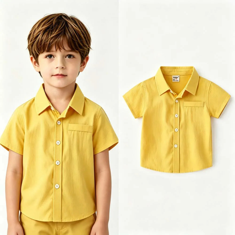 2-7Y Toddler Boys Cotton Button Up Shirts Solid Color Lapel Pocket Short Sleeve Kids Summer Casual School Outfit Blouses