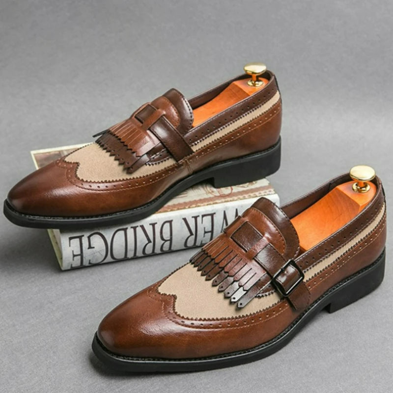 Men Loafers Business Dress Shoes British Style Leather Brogue Shoes Slip on Office Leather Shoes Handmade Pointed Toe Men Flats
