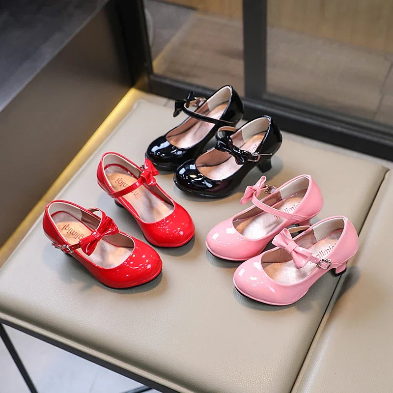 Fashion Girls High Heels Glossy Bowtie Kids Leather Shoe Spring Autumn Children Causal Princess Dress Shoes for Evening Party