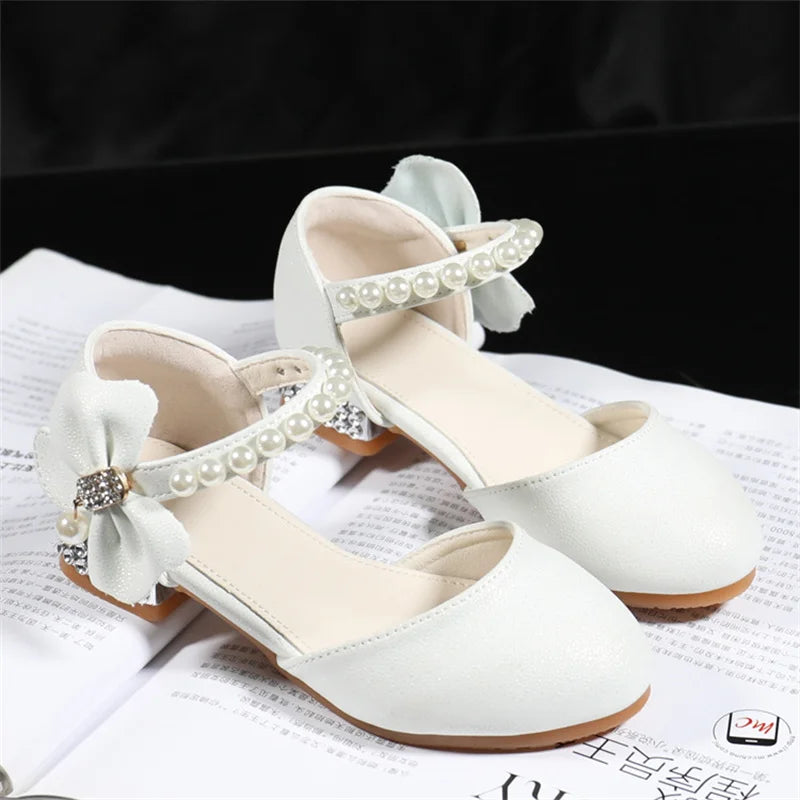 Children Girls Leather White Princess High Heel Kid Dress Student Show Dance Sandal Shoes Toddler Shoes Girl Mary Jane