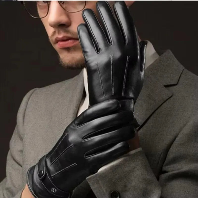 Winter Gloves for Men PU Leather Button Warm Mittens Outdoor Sports Driving Skiing Men's Windproof Black Gloves Winter Supplies