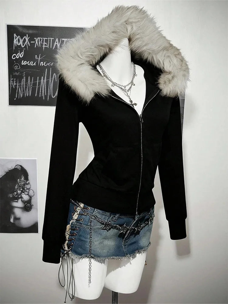 Y2K Harajuku Gothic Women's Hoodie Sexy Slim Chic Suede Fur Collar Letter Print Cardigan Sweatshirt  Female Streetwear