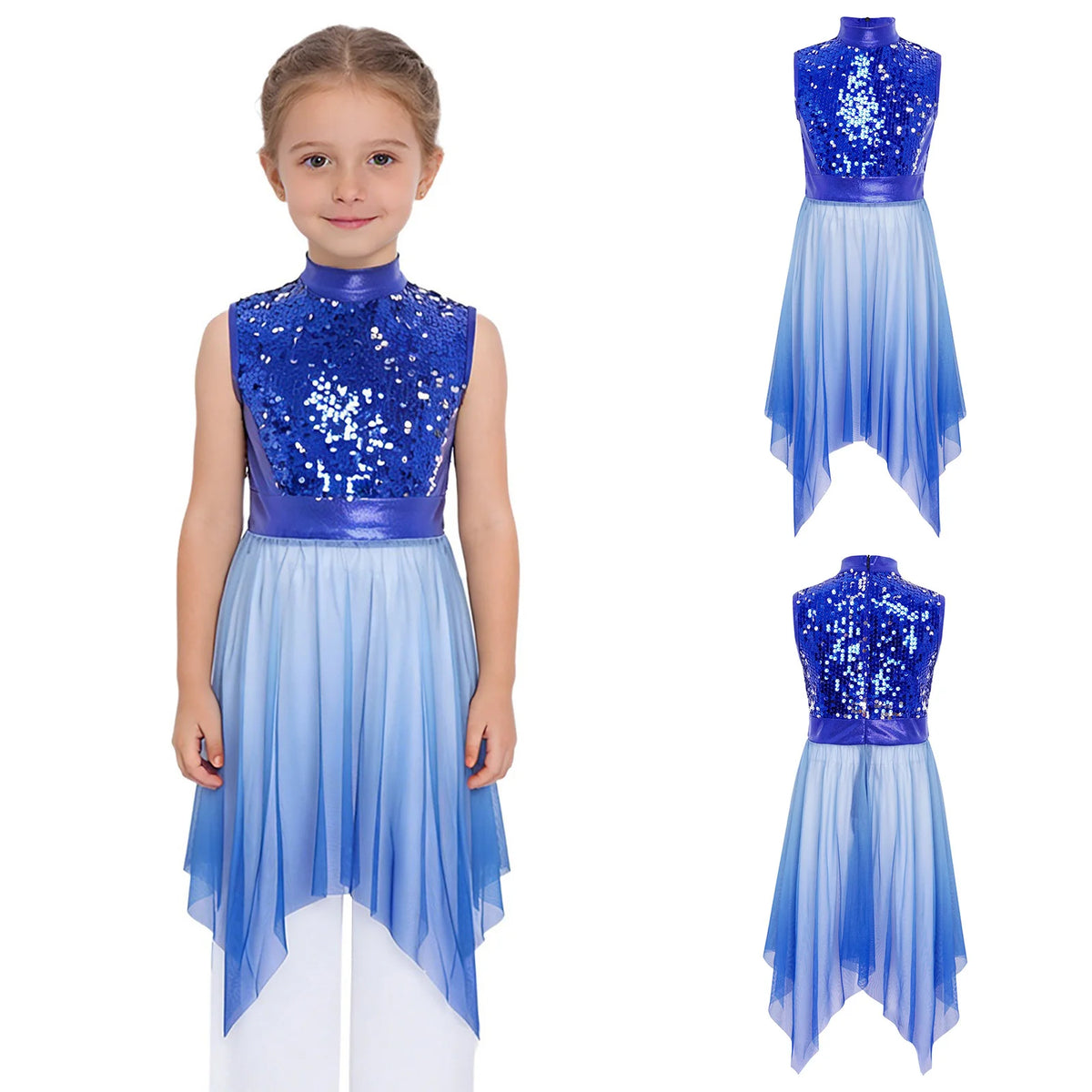 Kids Girls Modern Lyrical Dance Dress Liturgical Worship Praise Church Choir Robe Shiny Sequins Bodice Sheer Mesh Tunic Dresses