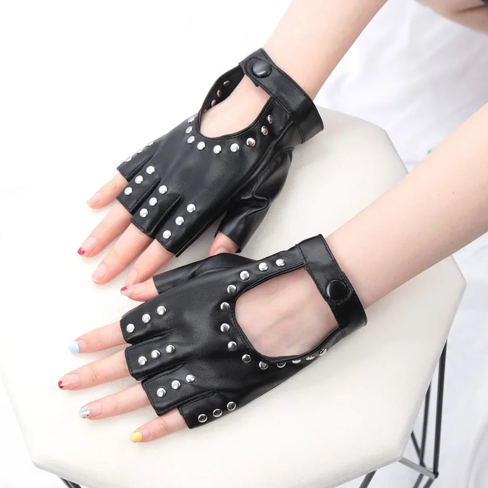 Women Gothic Rivets Finger Less Gloves Wedding Party Breathable Driving Pu Punk Gloves Halloween Night Club Work Cosplay Gloves