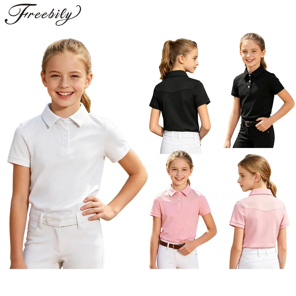 Kids Girls Horse Riding Shirts Short Sleeve Turn Down Collar Buttons T-shirt Closure Design Equestrian Costumes Sports Tops