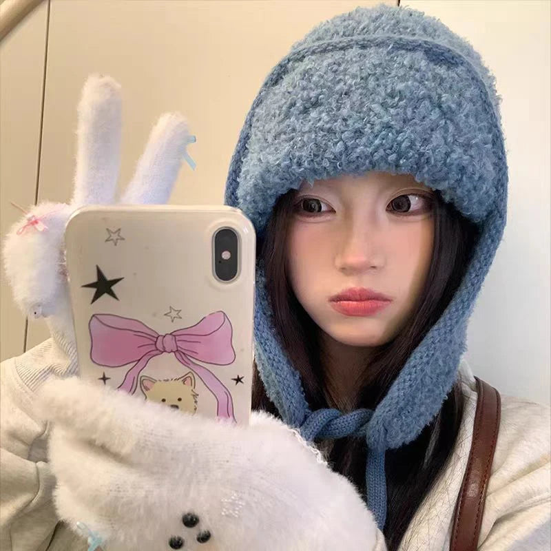 Ear-protective Woolen Knitted Hats for Women, Autumn Winter Thickened Fleece Caps, Ideal for Large Head Circumference