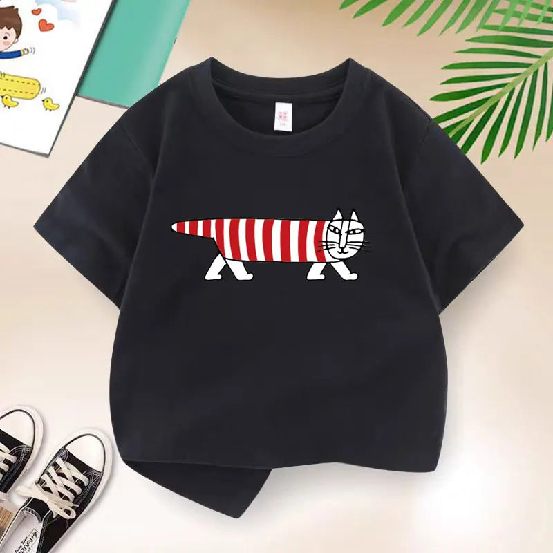 Korean Sweater Cat Children Clothing New Boys T-shirt Teen Funny Summer Top Cotton Kids Short Sleeves Baby Kids TShirt 2-12 Year
